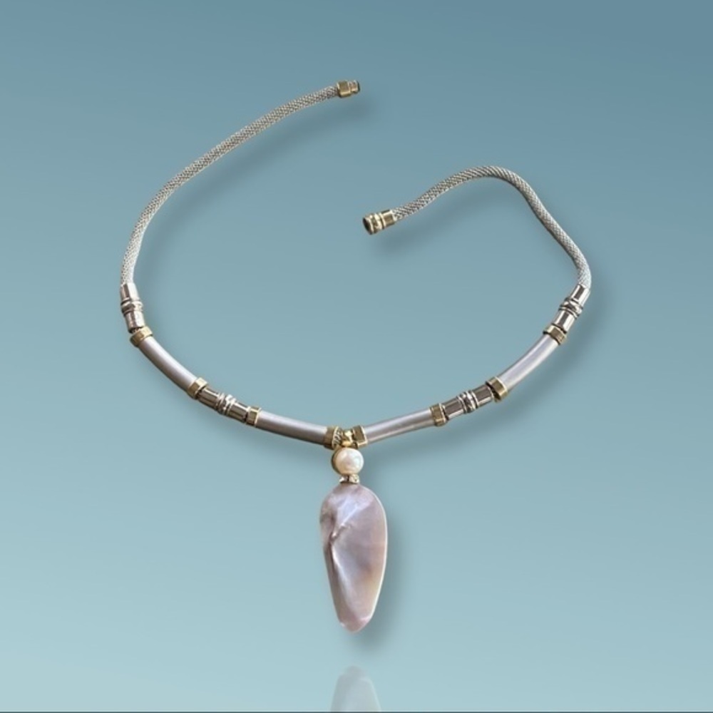 ONE Of A Kind Tritone Silver Necklace With Blister Pearl Pendant